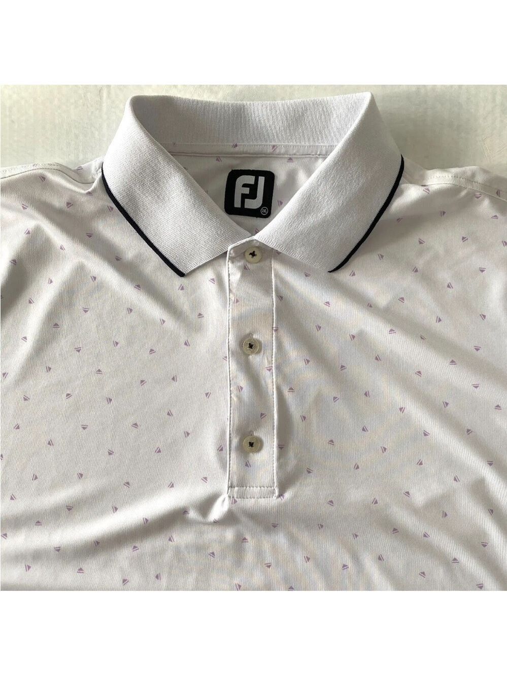 FootJoy FJ Golf Polo Shirt Short Sleeve Mens 2XL White Purple Triangle pattern